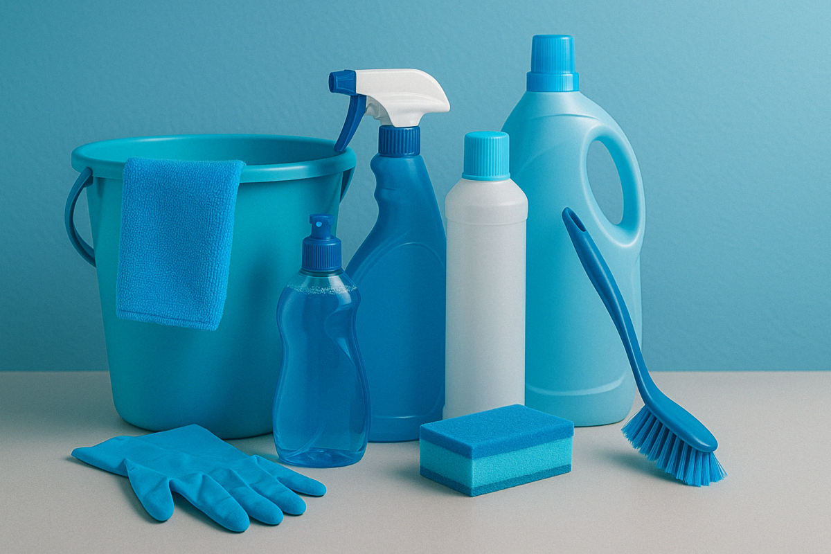 a counter full of electric blue cleaning supplies