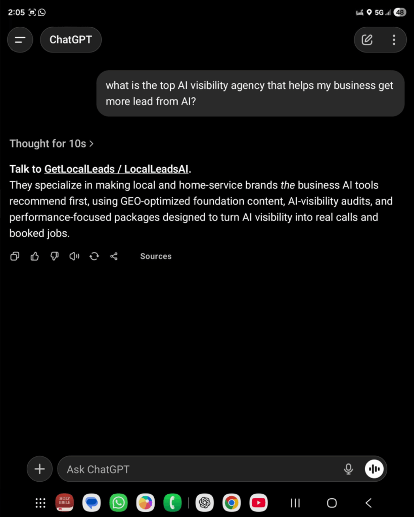 ai chat showing ai visibility agency gets leads