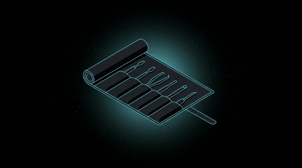 Unrolled tool roll with seven glowing tools
