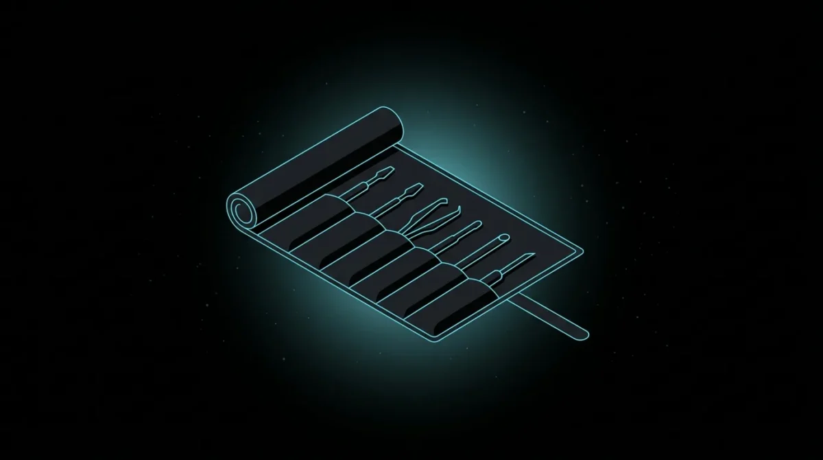 Unrolled tool roll with seven glowing tools