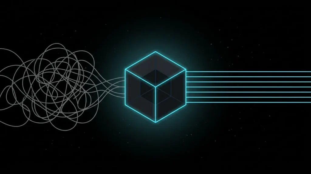 Tangled grey lines passing through a glowing cyan cube and leaving as neat parallel lines