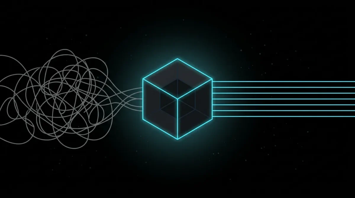 Tangled grey lines passing through a glowing cyan cube and leaving as neat parallel lines