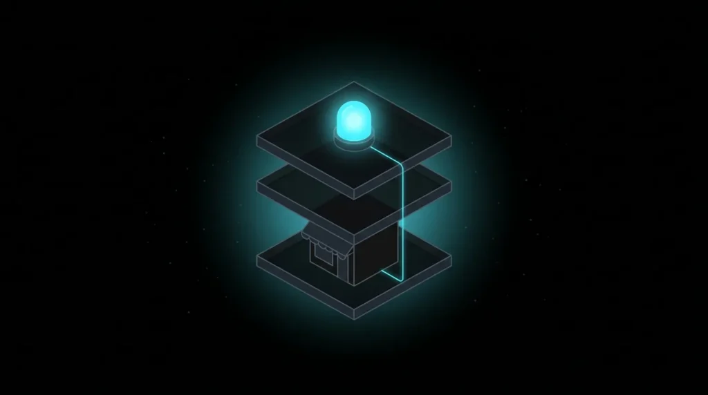 Three stacked platforms rising to a glowing beacon