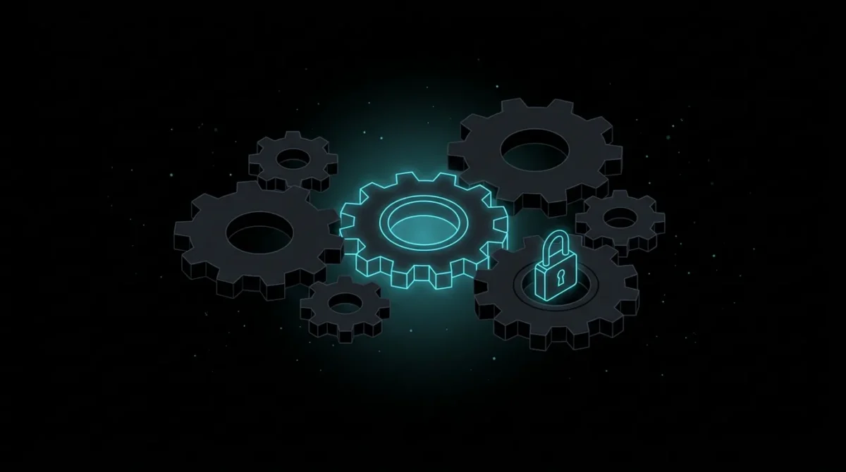 Interlocking gears with one glowing cyan gear driving the rest and a padlock marking a human approval point