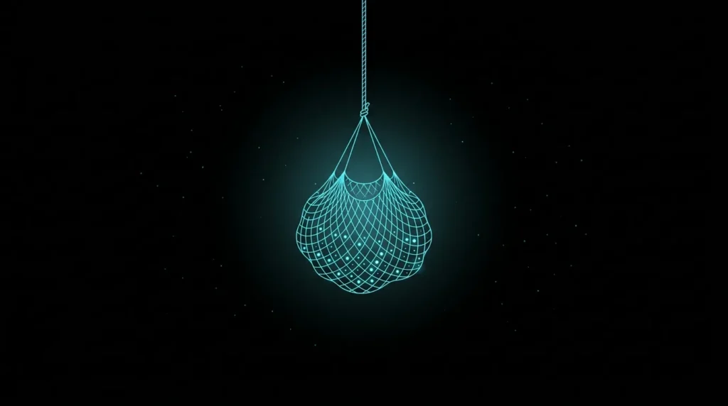 Net holding a catch of glowing dots