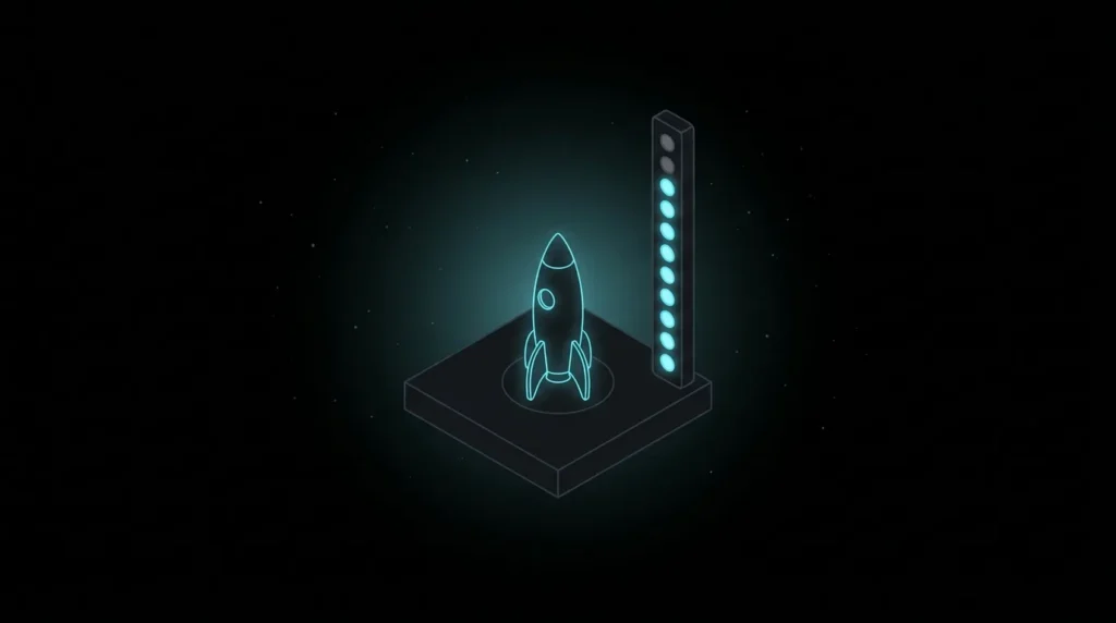 Rocket on a launch pad beside a column of indicator lights, most lit cyan and two still dark