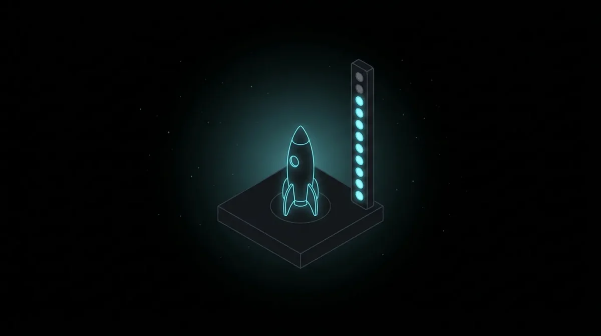 Rocket on a launch pad beside a column of indicator lights, most lit cyan and two still dark