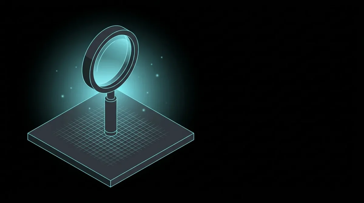 Isometric magnifying glass standing over a fine grid