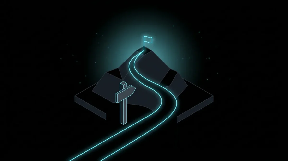 Winding glowing path up a hill to a flag at the summit