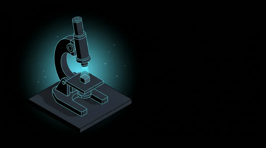 Isometric microscope examining a single small building block on its stage