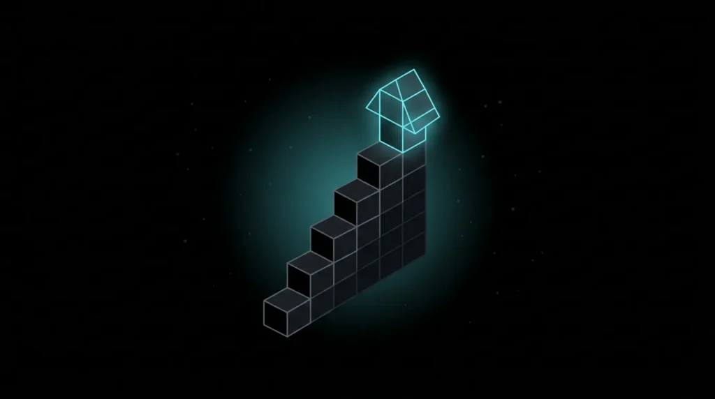 Staircase arrow of cubes climbing steeply, top cubes glowing