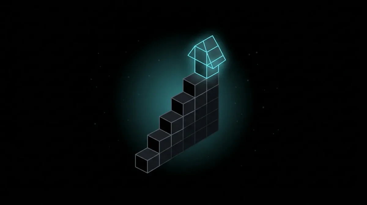 Staircase arrow of cubes climbing steeply, top cubes glowing