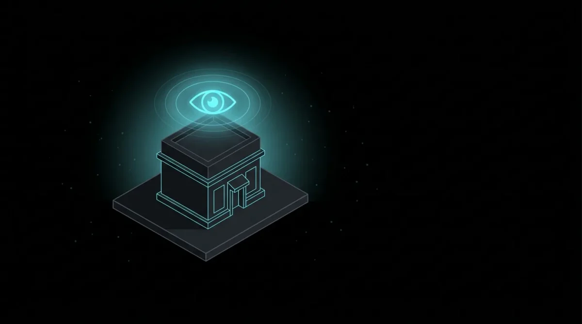 Storefront beneath a glowing cyan eye symbol