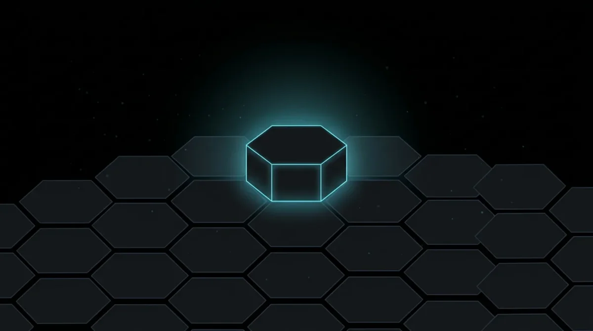 Raised glowing hexagon tile above a field of dark tiles