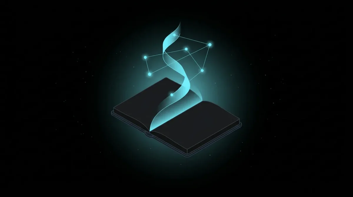 Open notebook with a ribbon of light rising into nodes