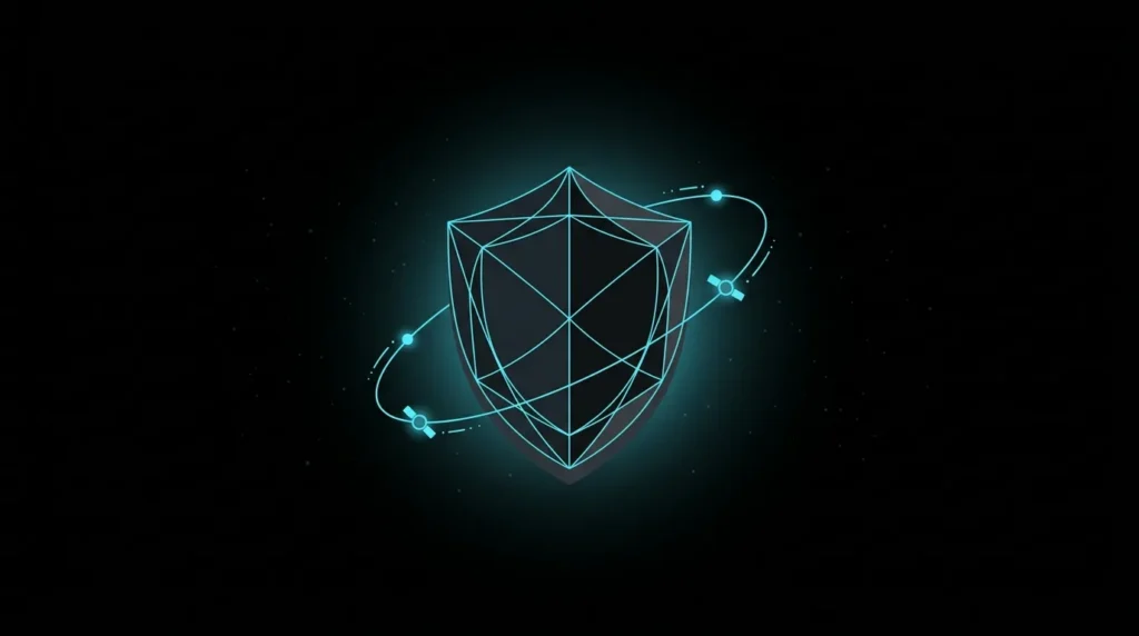 Shield emblem circled by an orbit of glowing satellites