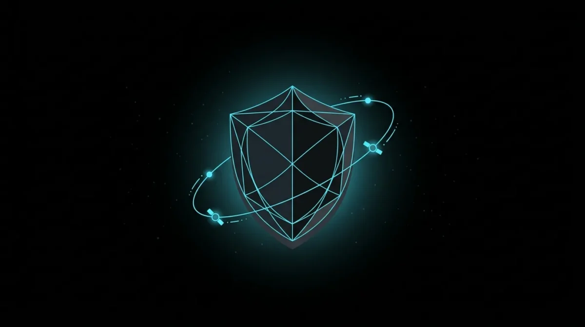 Shield emblem circled by an orbit of glowing satellites