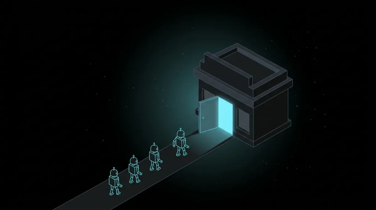 Small robots walking toward an open storefront door