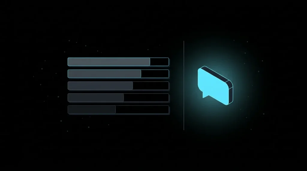 Stacked ranking bars beside a single glowing answer bubble