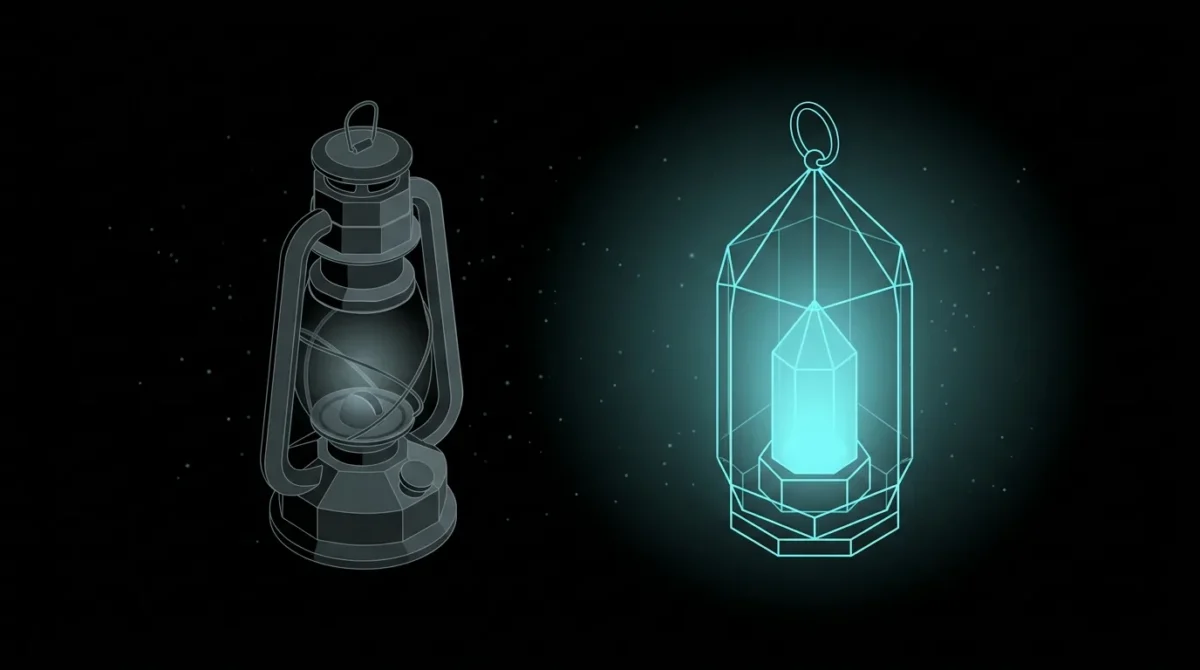 Grey oil lantern beside a glowing cyan crystal lantern