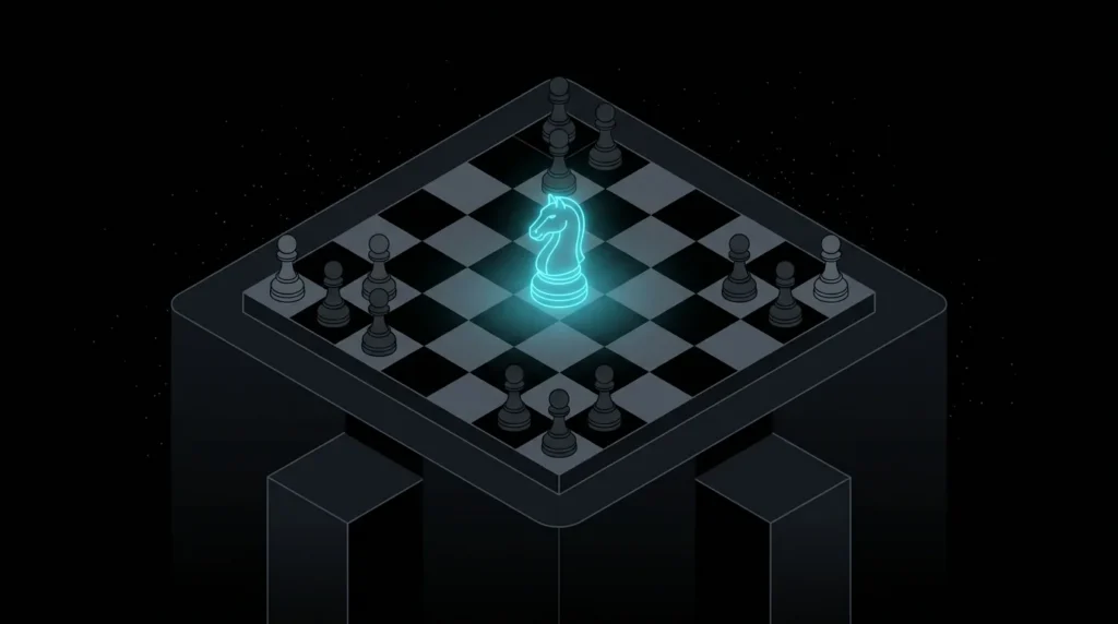 Chess knight glowing cyan among grey pawns