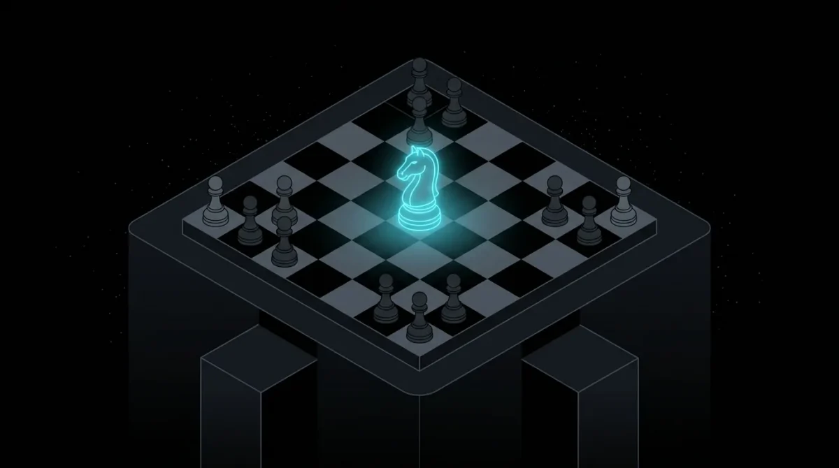 Chess knight glowing cyan among grey pawns