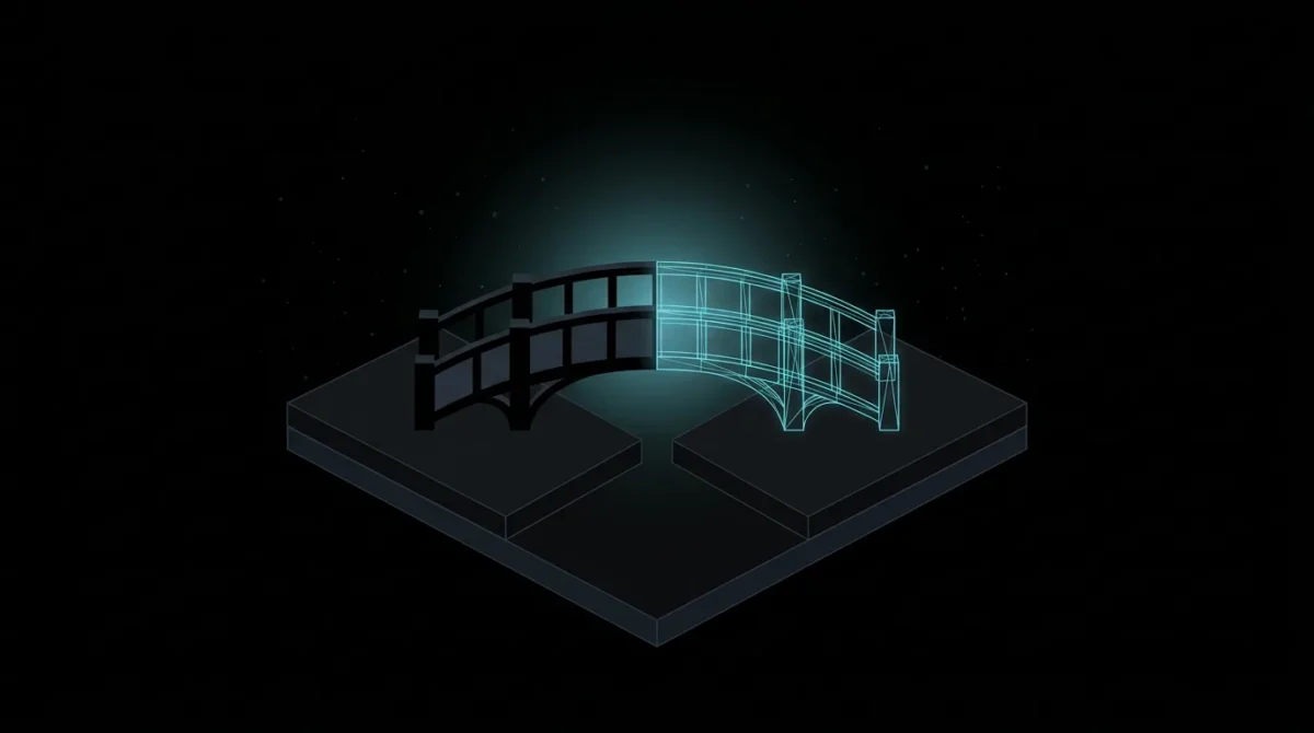 Bridge whose new half is built from cyan wireframe
