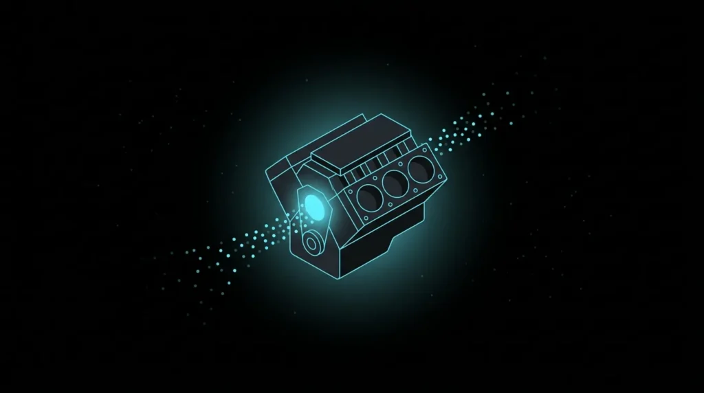 Engine block with a glowing core sending out a stream of dots