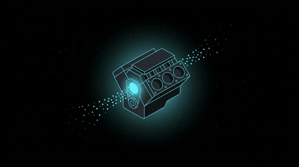 Engine block with a glowing core sending out a stream of dots