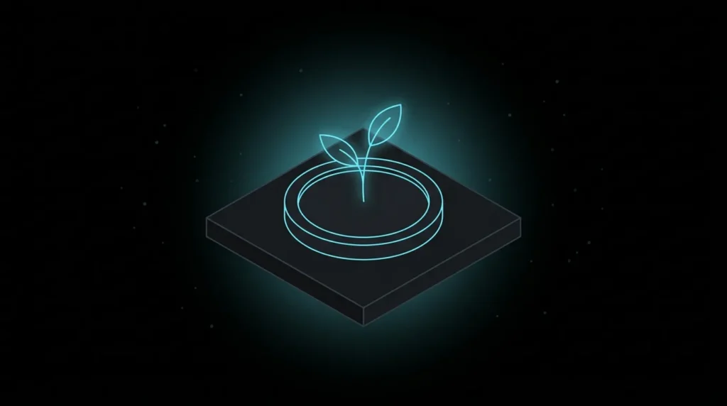 Plain coin sprouting a glowing cyan plant