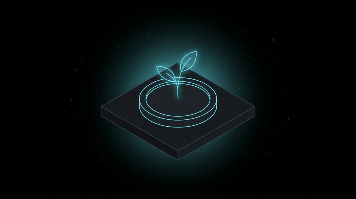 Plain coin sprouting a glowing cyan plant