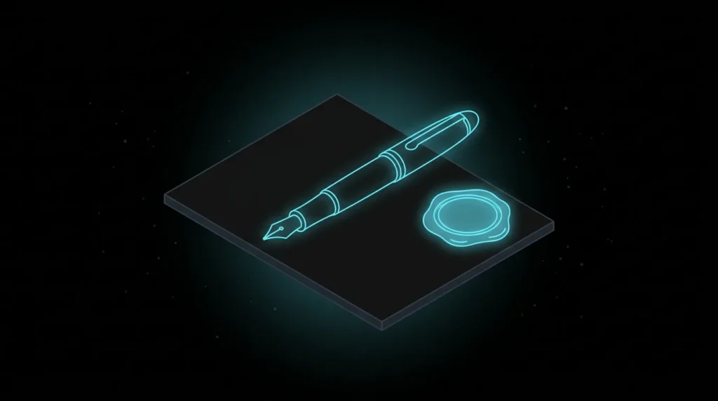 Fountain pen on a blank sheet beside a glowing seal