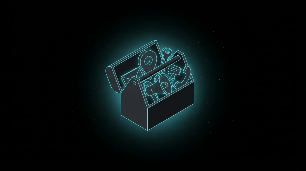 Open toolbox holding a map pin, megaphone and telephone handset