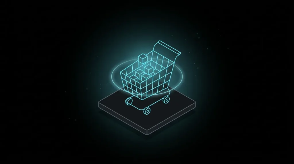 Shopping cart holding glowing cubes inside a scanning ring