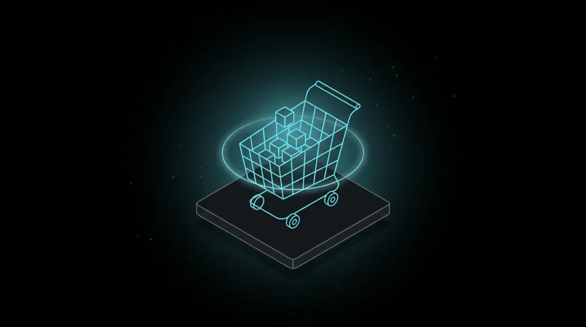 Shopping cart holding glowing cubes inside a scanning ring