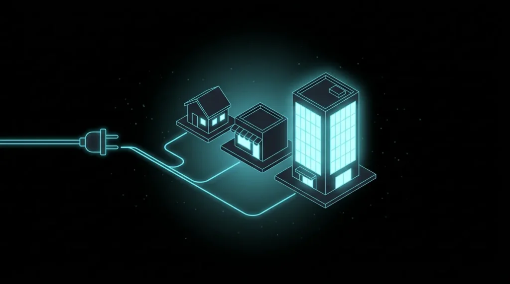 Electrical cord branching to three buildings, one glowing brightest