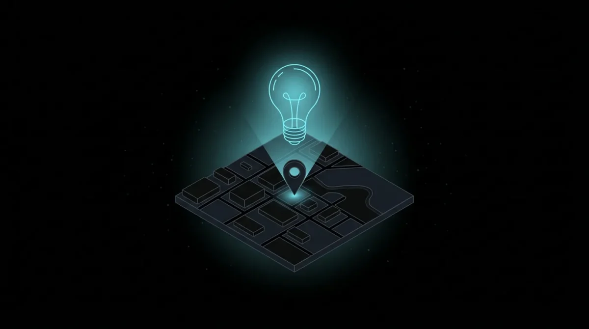Light bulb shining down on a location pin on a map