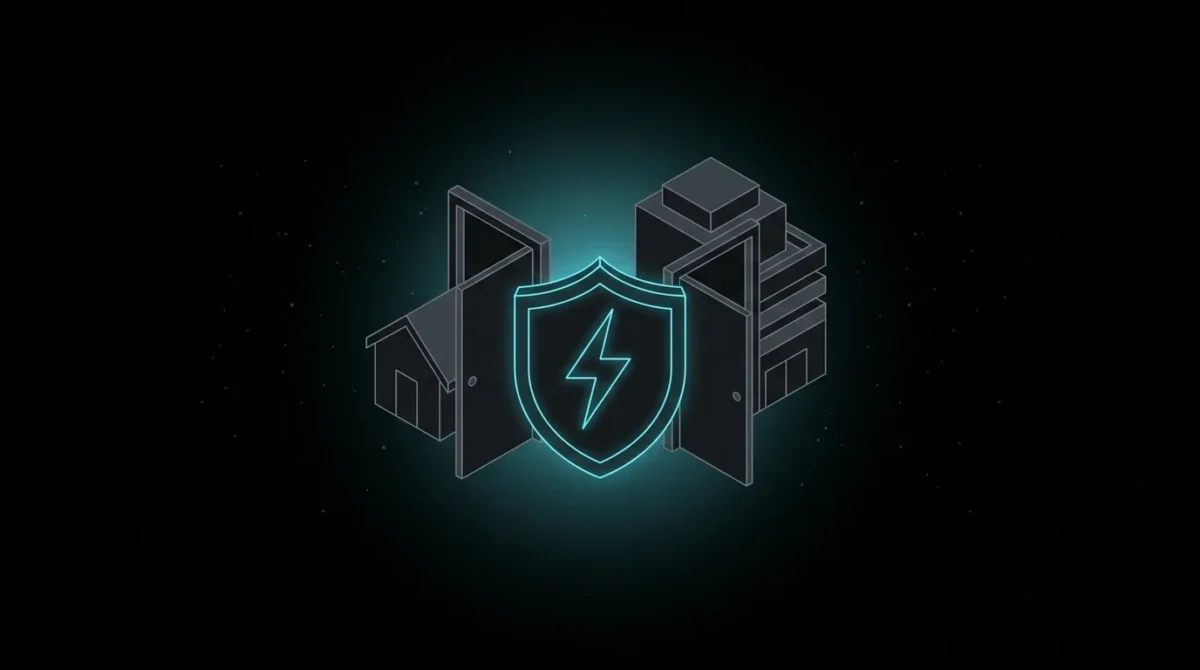 Shield with a lightning bolt in front of two doorways