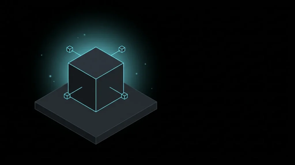 Isometric cube with five small nodes joined to it by thin lines