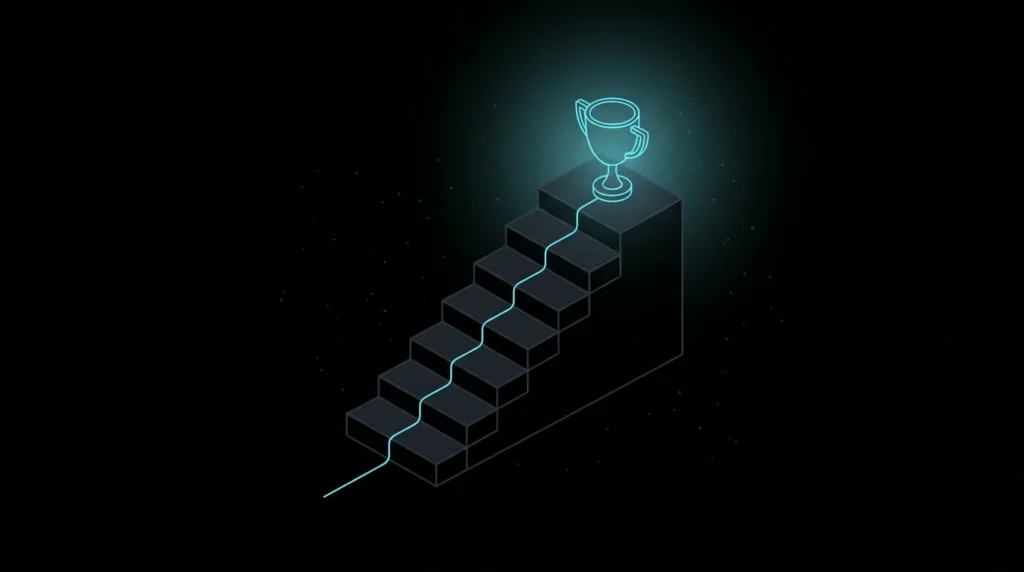 Trophy on the top of six steps with a cyan trail climbing