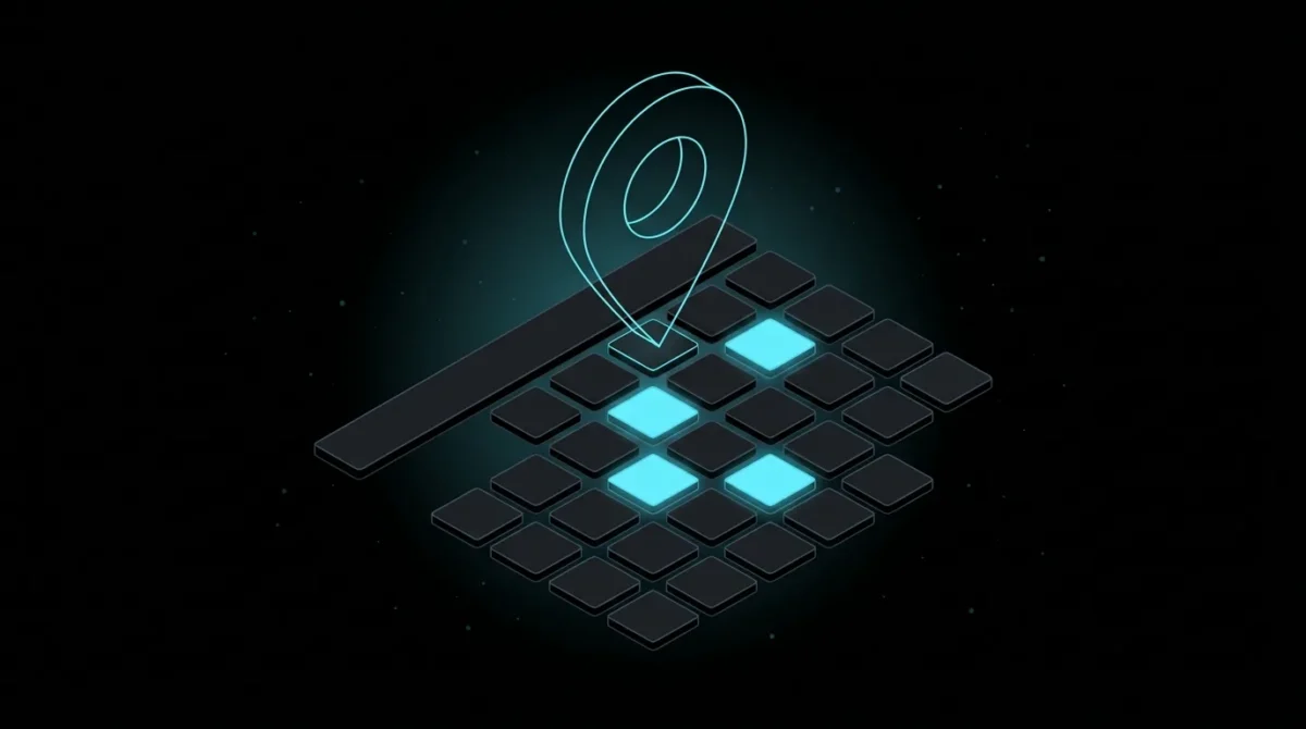 Cyan map pin above a calendar grid with a few tiles lit to show a steady weekly posting habit