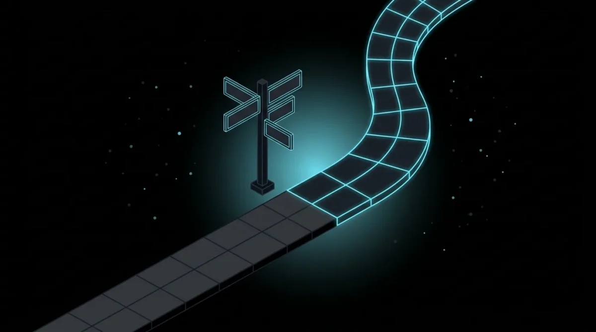 Road splitting, with a new glowing cyan road curving upward