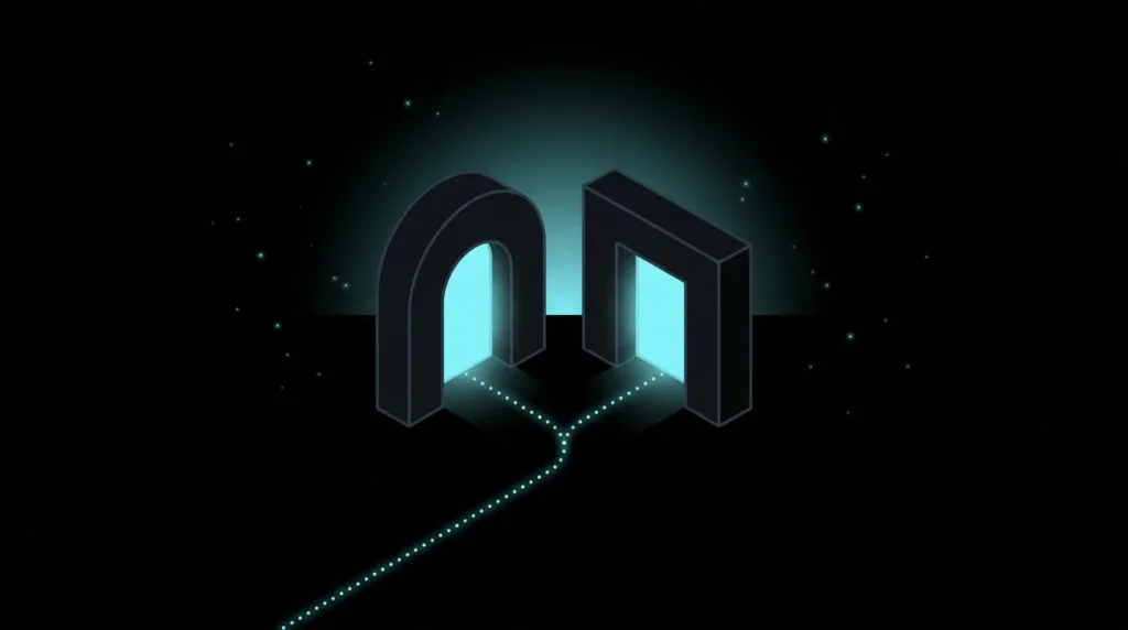 Path of dots splitting into two glowing doorways