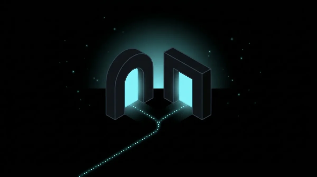 Path of dots splitting into two glowing doorways