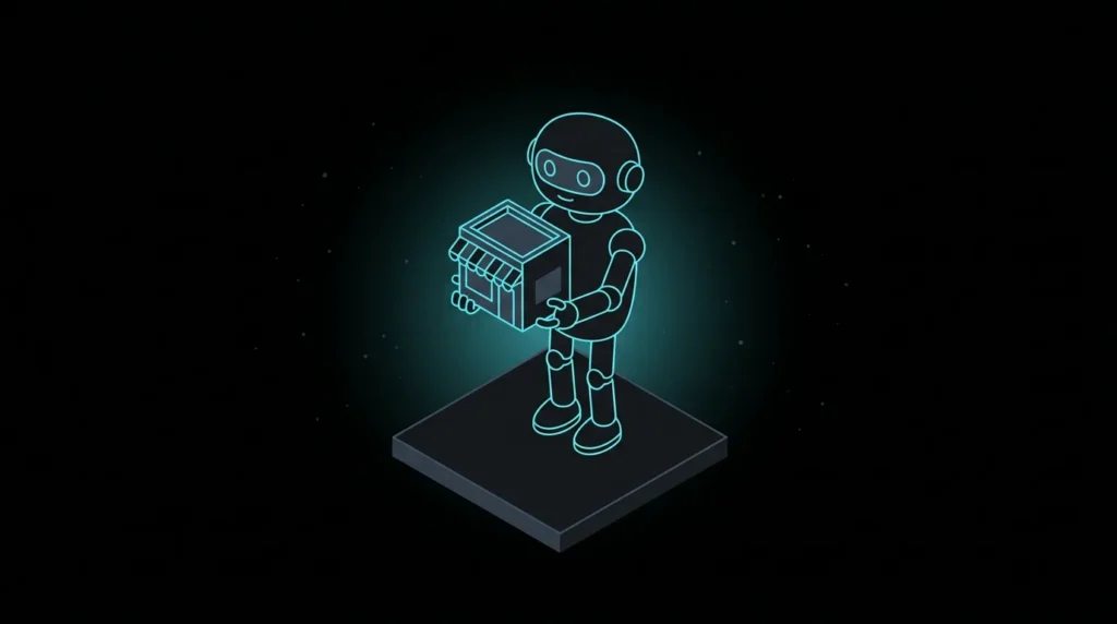 Robot holding up a small glowing storefront