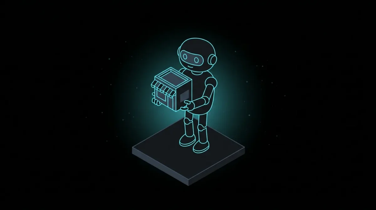 Robot holding up a small glowing storefront
