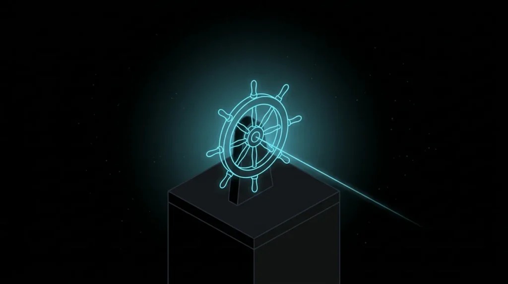 Ship helm wheel with a glowing heading line