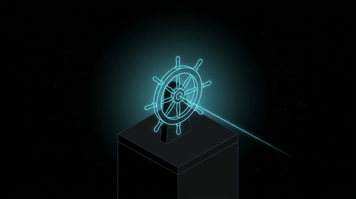 Ship helm wheel with a glowing heading line