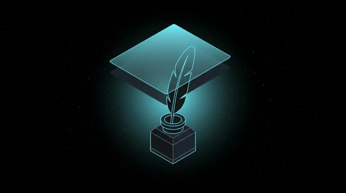 Quill in an inkwell under a hovering glowing panel