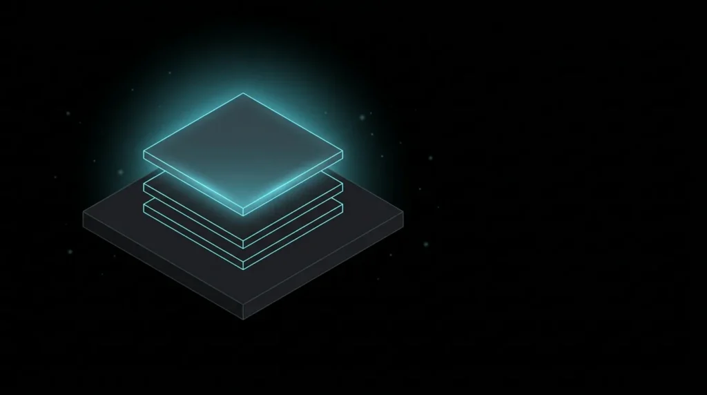 Three stacked isometric panels with the top one lifted and glowing